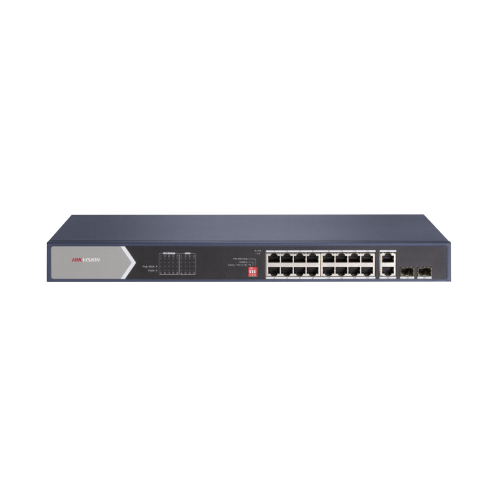 Switch cu 16 porturi Gigabit Hikvision DS-3E0520HP-E, 2 porturi fibra optica, 40 Gbps, 29.76 Mpps, 8000 MAC, PoE, fara management 29.76 imagine noua