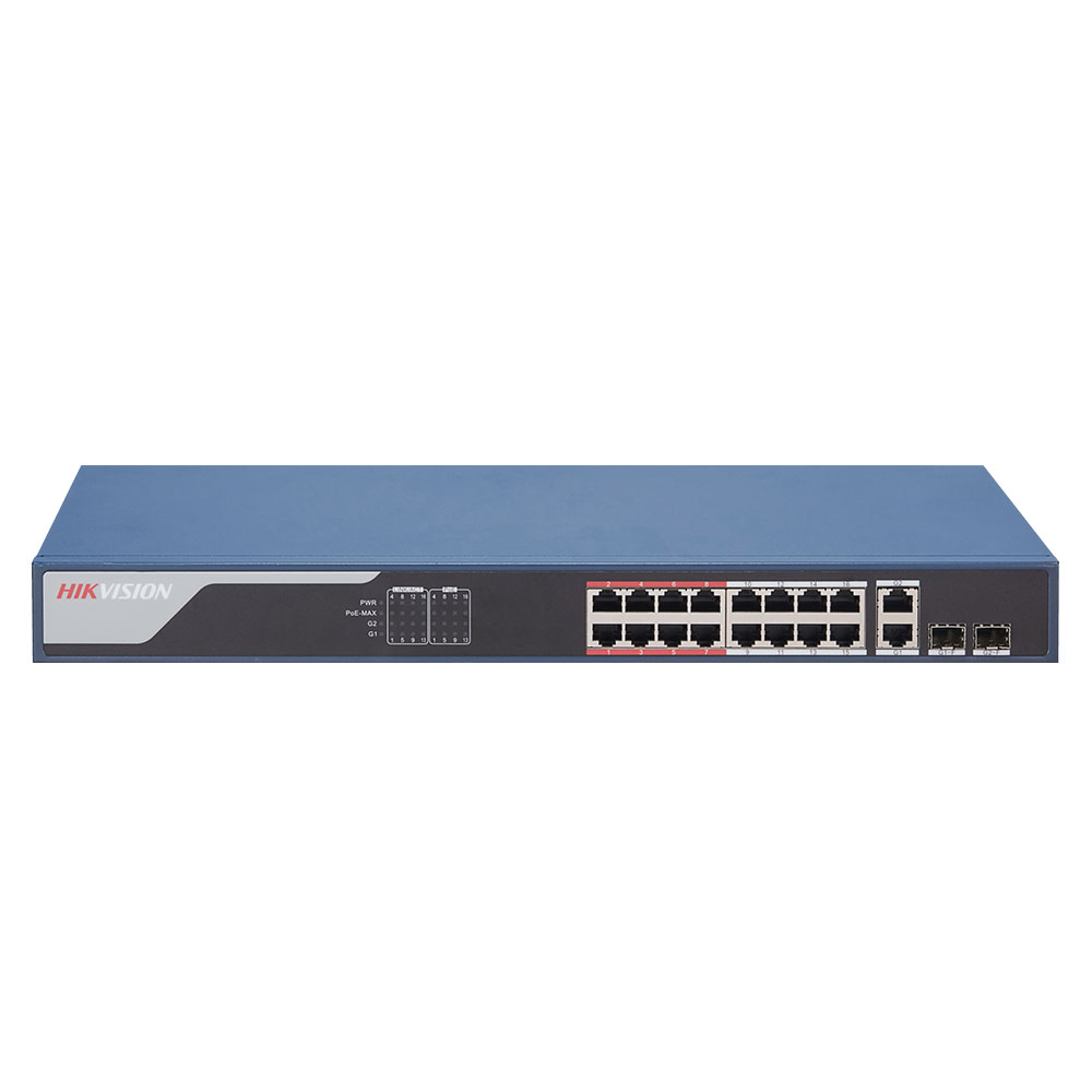 Switch cu 16 porturi Hikvision DS-3E1318P-EI, 7.2 Gbps, 5.3568 Mpps, 16.000 MAC, PoE, cu management la reducere 16.000