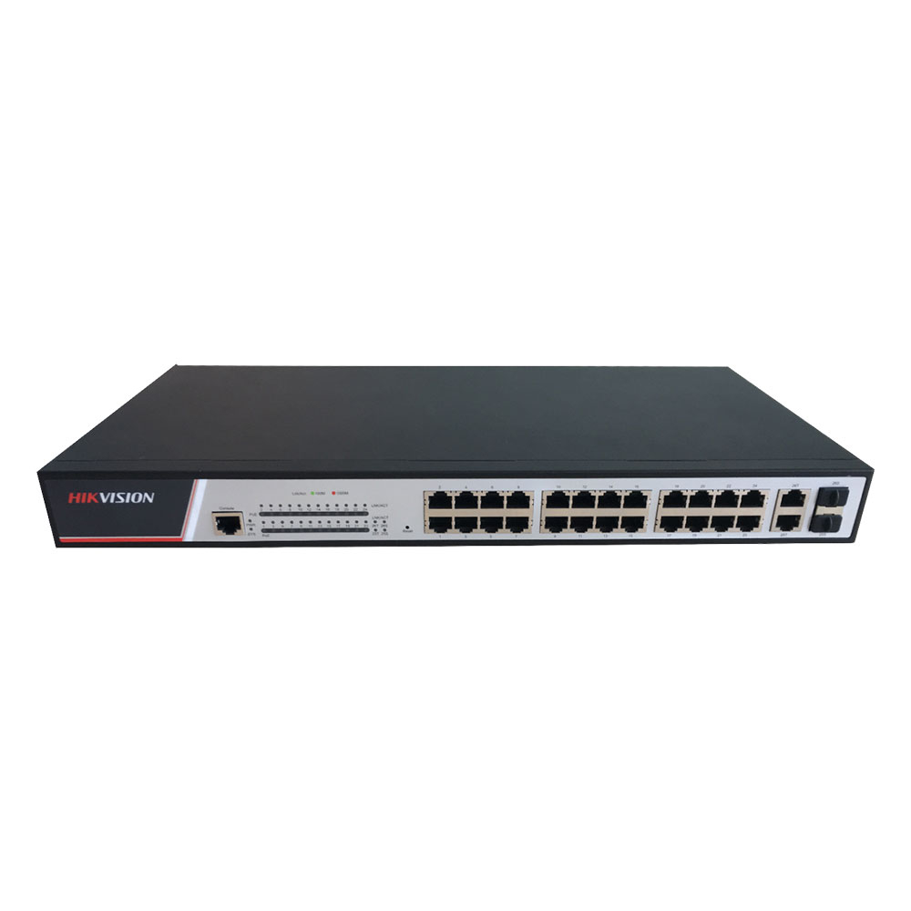 Switch cu 16 porturi Hikvision DS-3E2326P, 2 porturi Gigabit combo uplink, 21.2 Gbps, 8.4 Mpps, 8.000 MAC, PoE, cu management 21.2