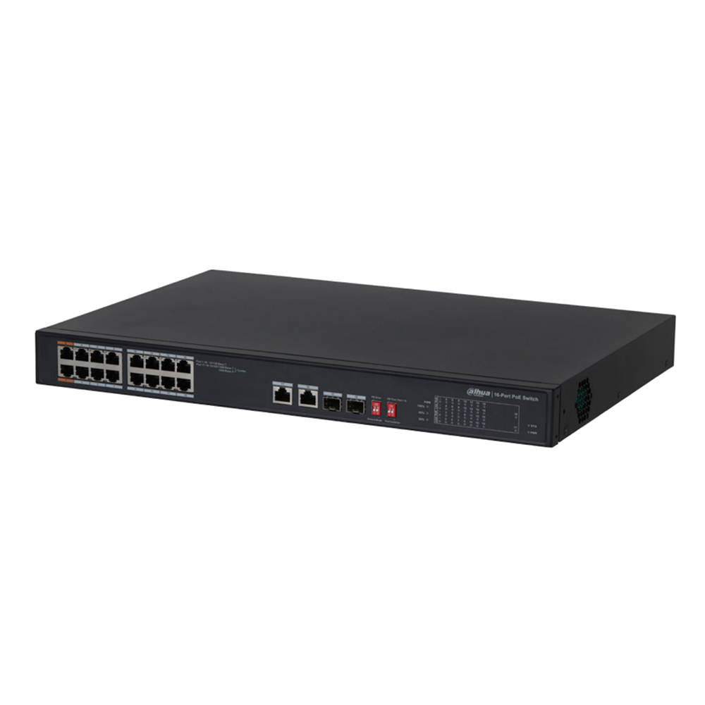 Switch cu 16 porturi PoE Dahua PFS3218-16ET-135, 8000 MAC, 7.2 Gbps, fara management, PoE Watchdog Dahua