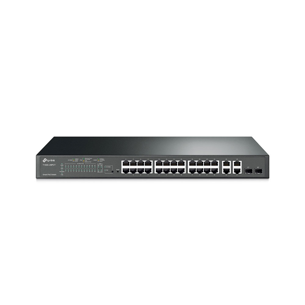 Switch cu 24 de porturi TP-Link T1500-28PCT(TL-SL2428P), 4 porturi PoE+, 8000 MAC, 12.8 Gbps, cu management spy-shop.ro