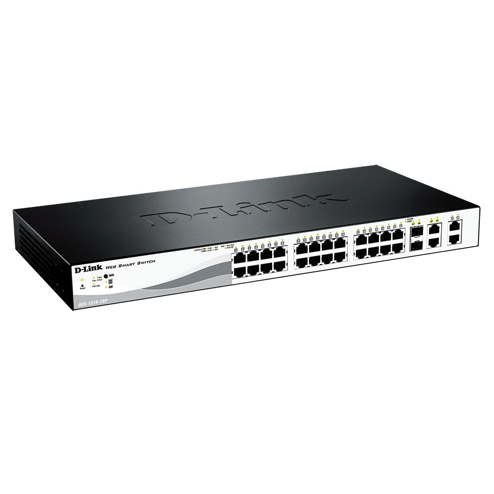 Switch cu 24 porturi D-Link DES-1210-28P, 12 Gbps, 9.5 Mpps, 8.000 MAC, 2 porturi SFP, PoE, cu management de la D-Link