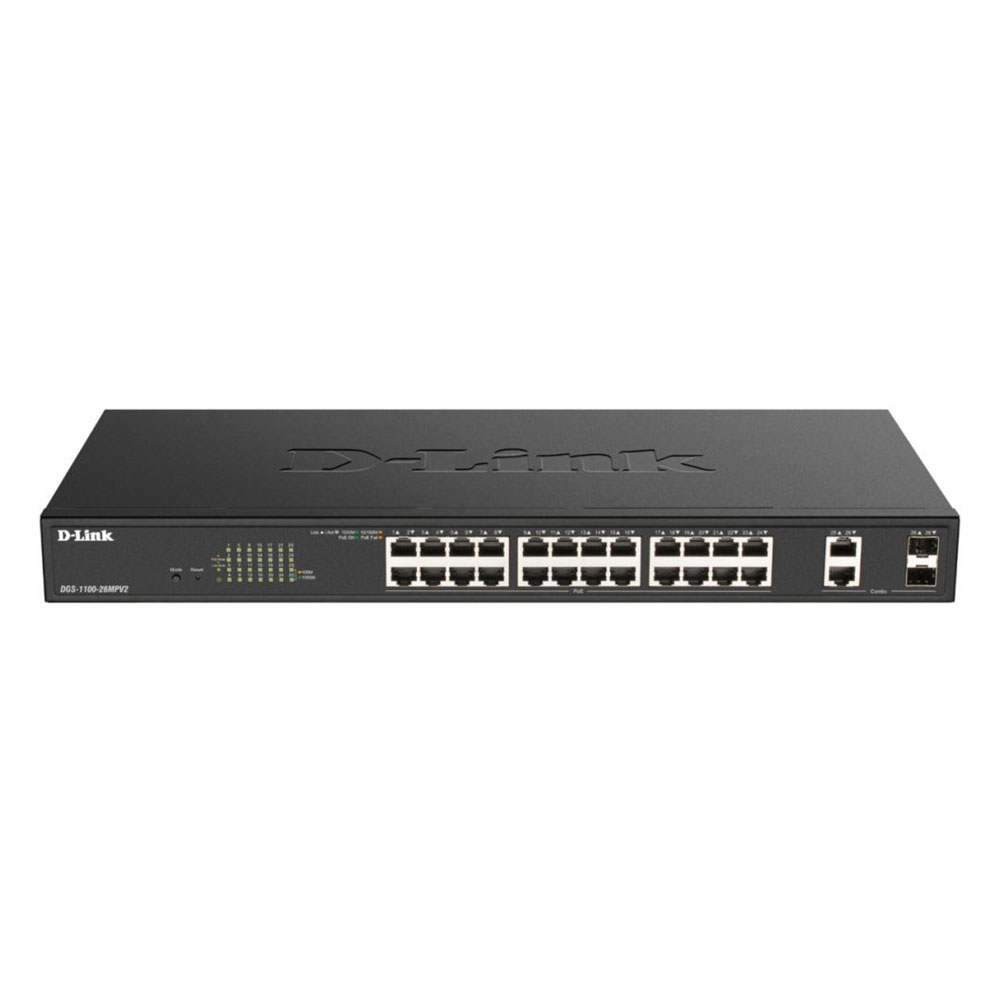 Switch cu 24 porturi D-Link DGS-1100-26MPV2, 2 porturi Combo GE/SFP, 52 Gbps, 38.69 Mpps, PoE, cu management la reducere 38.69