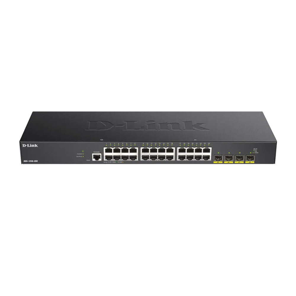 Switch cu 24 porturi D-Link DGS-1250-28X, 128 Gbps, 95.24 Mpps, 16.000 MAC, 4 porturi SFP, cu management 128