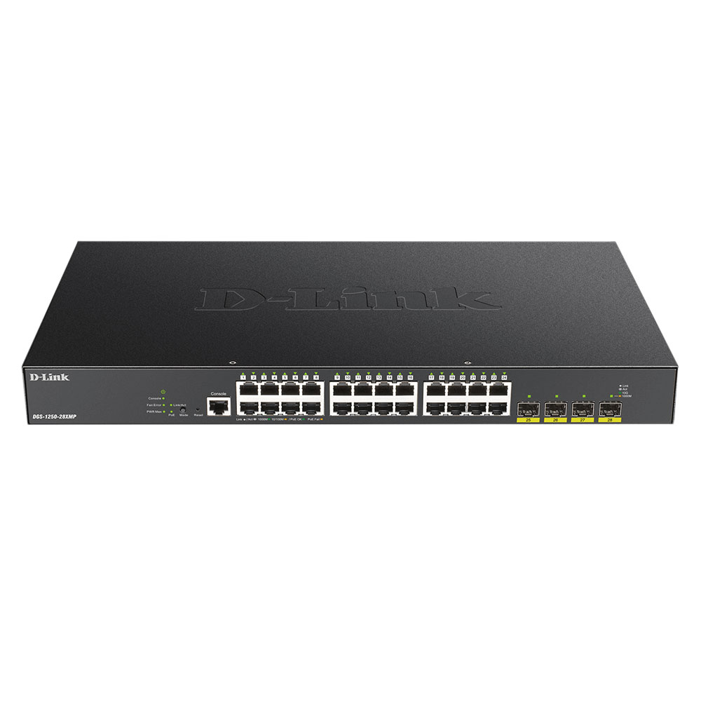 Switch cu 24 porturi D-Link DGS-1250-28XMP, 128 Gbps, 95.25 Mpps, 16.000 MAC, 4 porturi SFP, PoE, cu management D-Link imagine noua idaho.ro