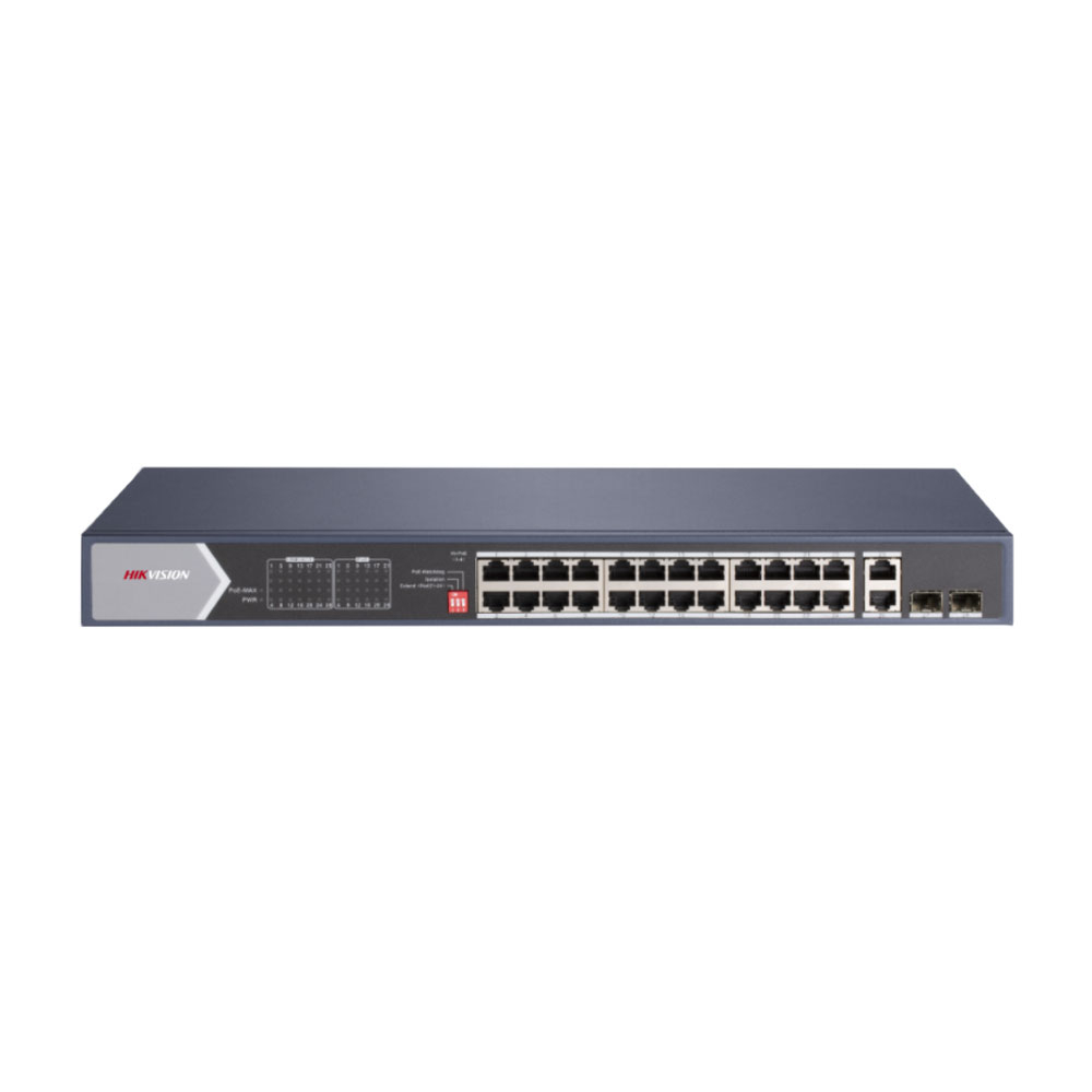 Switch cu 24 porturi Gigabit Hikvision DS-3E0528HP-E, 2 porturi fibra optica, 56 Gbps, 41.664 Mpps, 8000 MAC, PoE, fara management 41.664