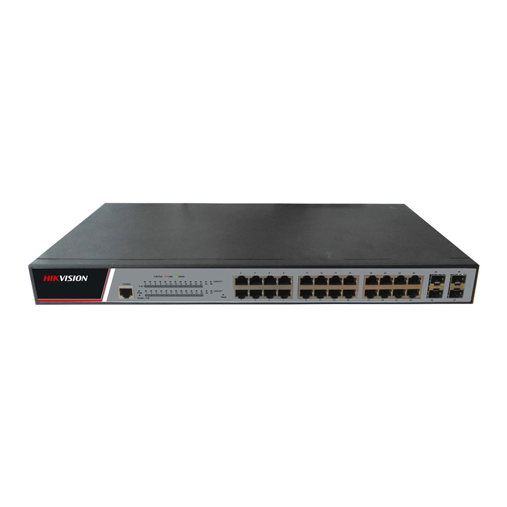 Switch cu 24 porturi Gigabit Hikvision DS-3E2528P, 4 porturi SFP, 1 port console, 56 Gbps, 42 Mpps, 8.000 MAC, PoE, cu management