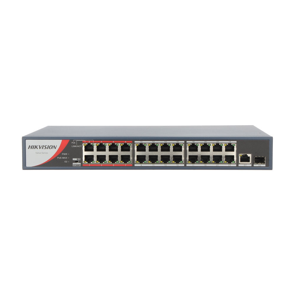 Switch cu 24 porturi Hikvision DS-3E0326P-E/M(B), 1 port SFP, 8.8 Gbps, 6.547 Mpps, 4.000 MAC, PoE, fara management la reducere 4.000