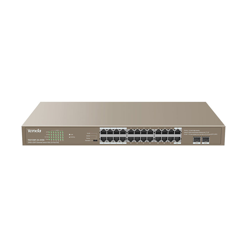 Switch cu 24 porturi Tenda TEG1126P-24-410W, 2 porturi SFP, 48 Gbps, 35.7 Mpps, 8.000 MAC, PoE, fara management spy-shop.ro