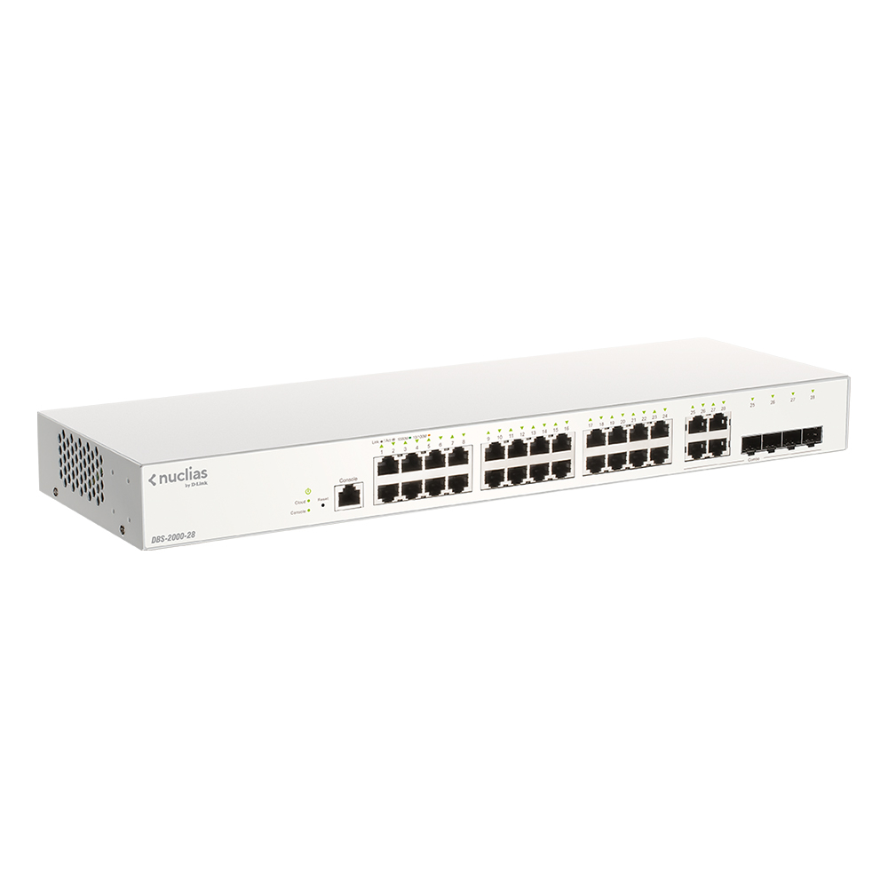 Switch cu 28 porturi Gigabit D-Link DBS-2000-28P, 56 Gbps, 41.7 Mpps, 4x SFP, 8000 MAC, PoE, cu management 41.7