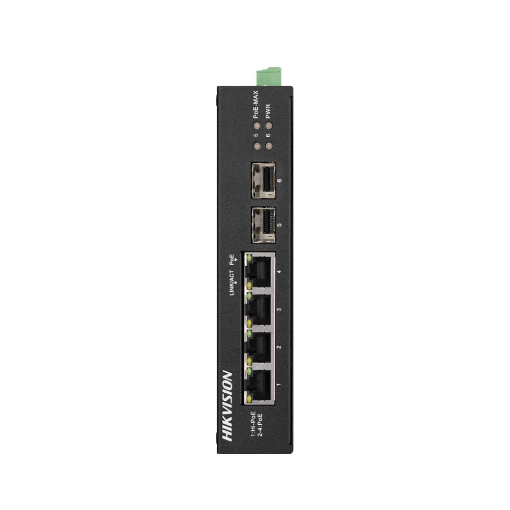 Switch cu 3 porturi PoE Gigabit Hikvision DS-3T0506HP-E/HS, 1 port Gigabit Hi-PoE, 2 porturi SFP, 12 Gbps, 8.928 Mpps, 4.000 MAC, fara management 4.000 imagine noua tecomm.ro