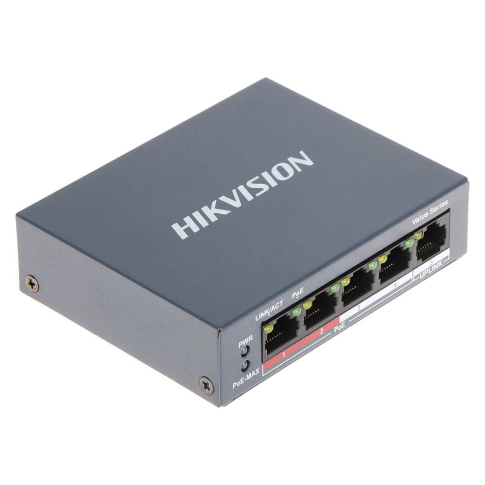 Switch cu 4 port-uri PoE Hikvision DS-3E0105P-E/M(B), 1000 MAC, 1 Gbps, fara management 1000 imagine noua idaho.ro