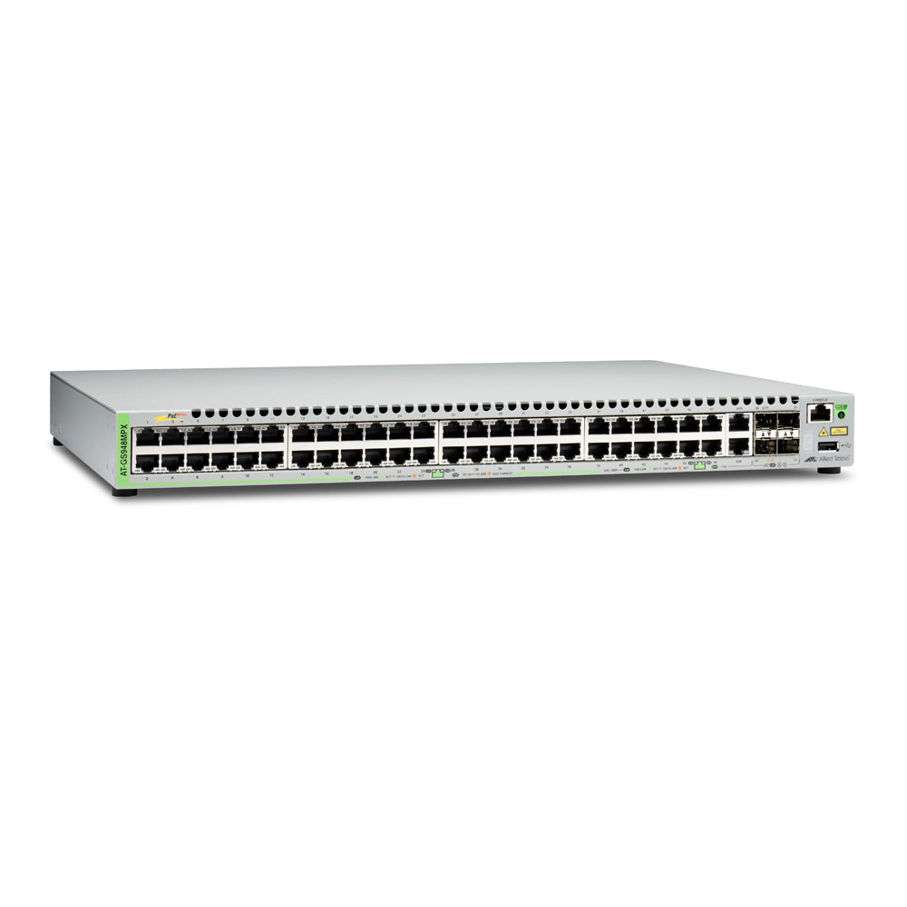 Switch cu 48 porturi Allied Telesis AT-GS948MPX-50, 140 Gbps, 104.16 Mpps, 16.000 MAC, 2 porturi SFP/Copper, 2 sloturi SFP/SFP+, cu management Allied Telesis