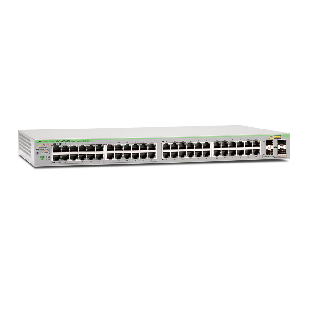 Switch cu 48 porturi Allied Telesis AT-GS950/48PS-50, 96 Gbps, 71.42 Mpps, 8.000 MAC, 4 porturi SFP, PoE, cu management Allied Telesis