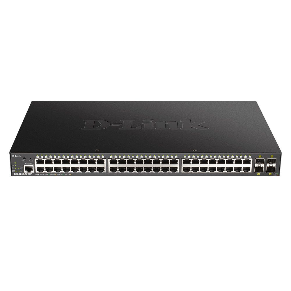 Switch cu 48 porturi D-Link DGS-1250-52XMP, 176 Gbps, 130.95 Mpps, 32.000 MAC, PoE, cu management 130.95 imagine noua