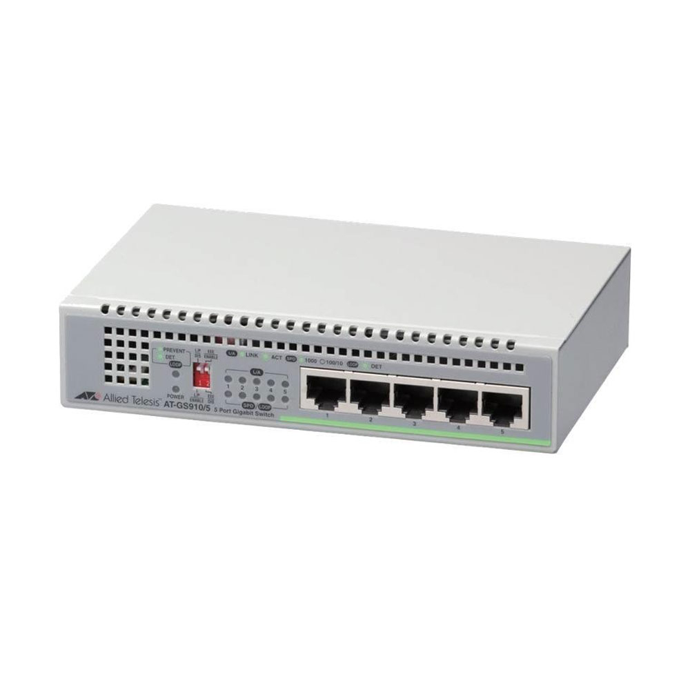Switch cu 5 porturi Allied Telesis AT-GS910/5-50, 10 Gbps, 7.4 Mpps, 2.000 MAC, fara management 2.000
