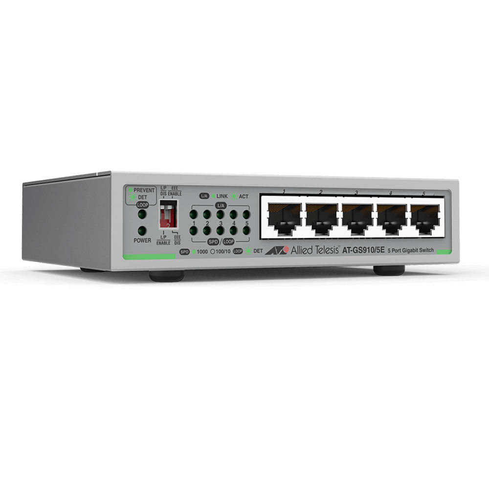Switch cu 5 porturi Allied Telesis AT-GS910/5E-50, 10 Gbps, 7.4 Mpps, 2.000 MAC, fara management 2.000 imagine noua tecomm.ro