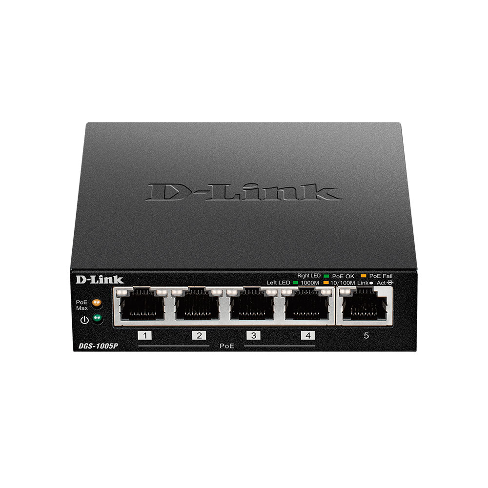 Switch cu 5 porturi D-Link DGS-1005P, 10 Gbps, 7.44 Mpps, 2.000 MAC, PoE, fara management D-Link imagine 2022