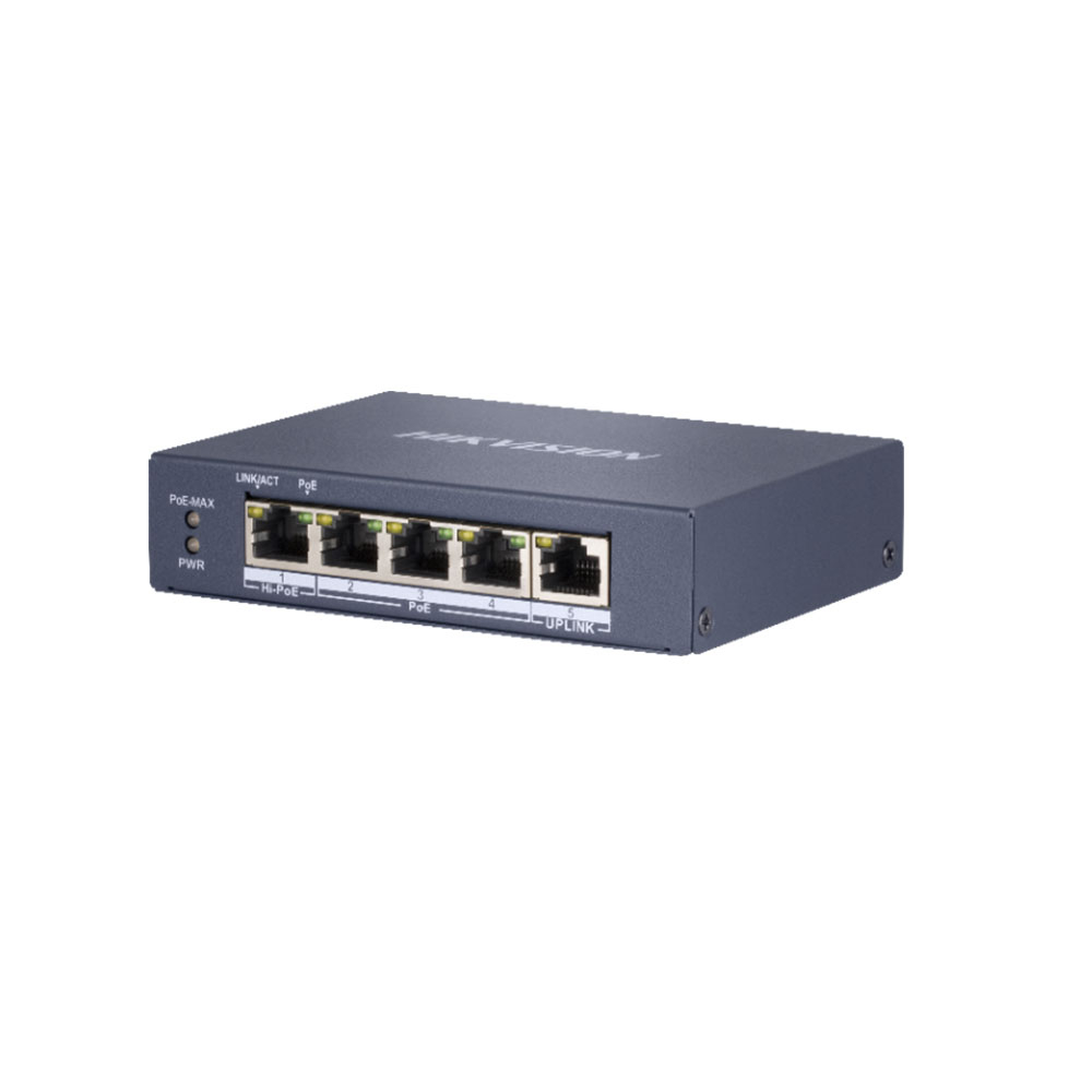 Switch cu 5 porturi Gigabit Hikvision DS-3E0505HP-E, 10 Gbps, 7.44 Mpps, 2000 MAC, Hi-PoE, fara management