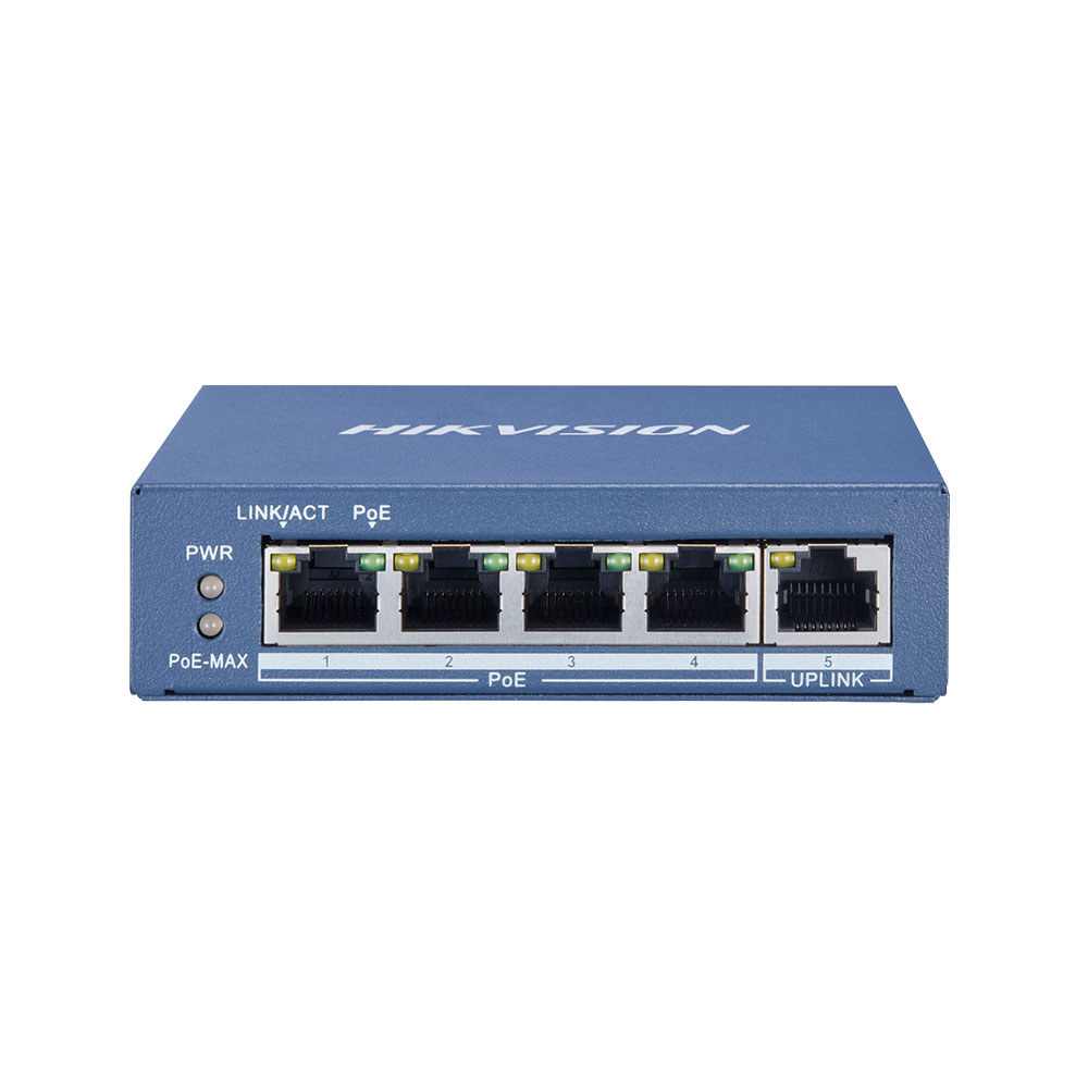 Switch cu 4 porturi Hikvision DS-3E0505P-E/M, 1 port uplink, 10 Gbps, 7.44 Mpps, 2.000 MAC, fara management, PoE la reducere 2.000