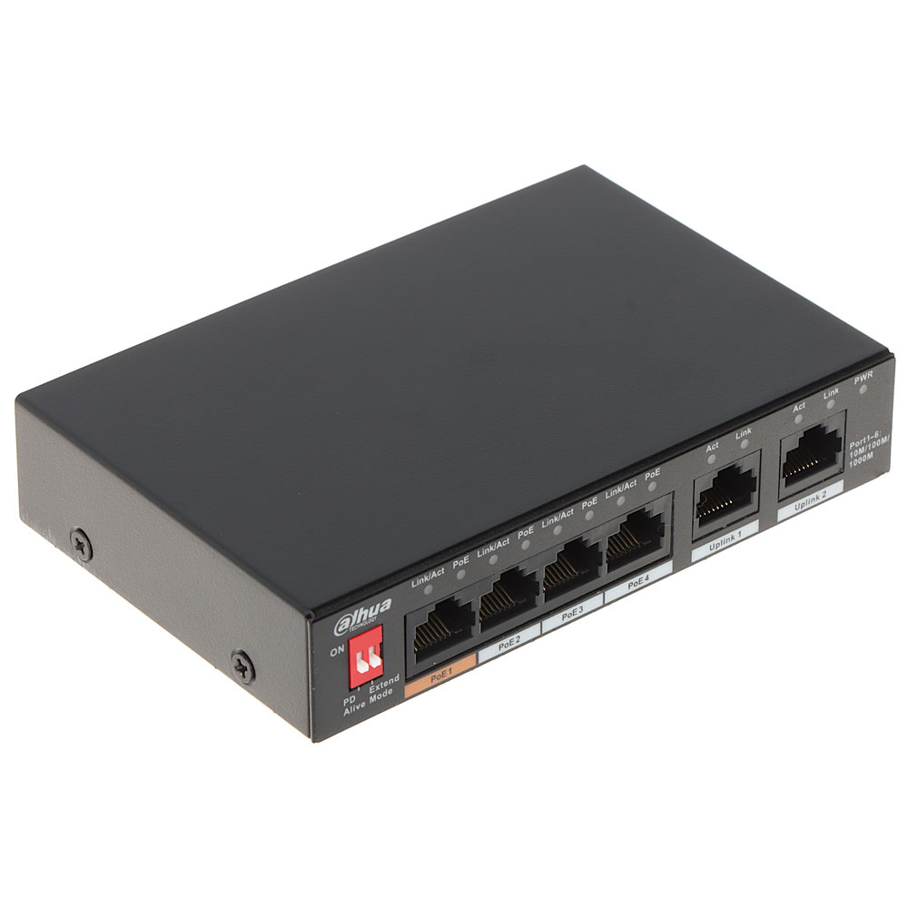 Switch cu 6 porturi Dahua PFS3006-4GT-60-V2, 2000 MAC, 14 Gbps, fara management, PoE la reducere 2000