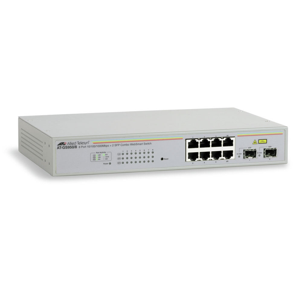 Switch cu 8 porturi Allied Telesis AT-GS950/8-50, 16 Gbps, 11.9 Mpps, 8.000 MAC, 2 porturi SFP, cu management Allied Telesis imagine noua tecomm.ro