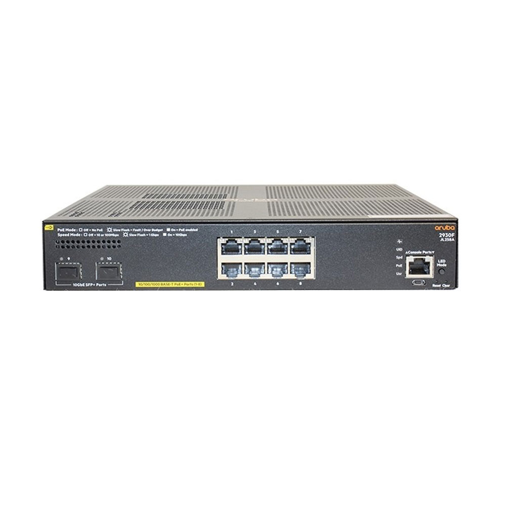 Switch cu 8 porturi Aruba JL258A, 56 Gbps, 41.7 Mpps, 2 porturi SFP+, 1U, PoE+, cu management 1U imagine noua