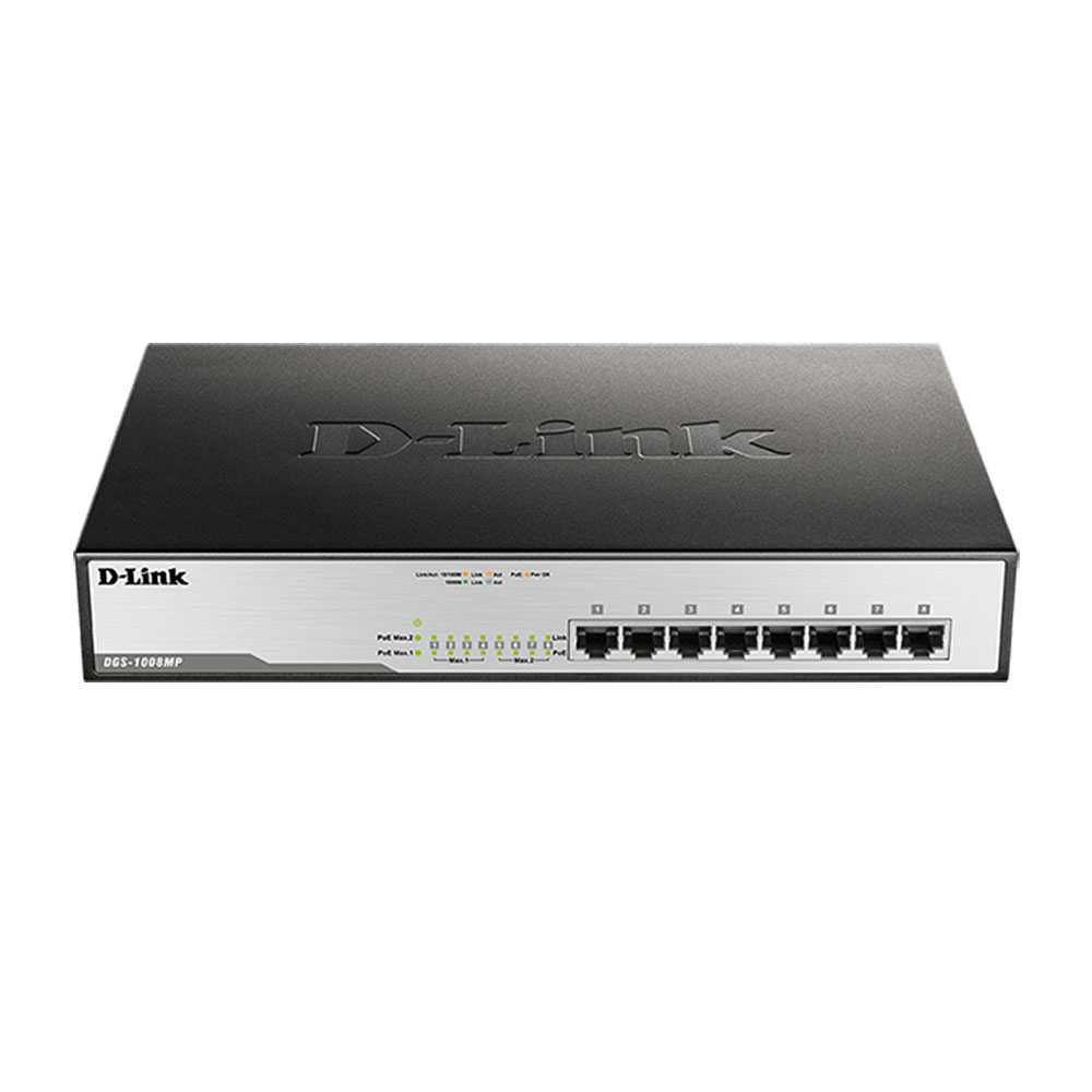 Switch cu 8 porturi D-Link DGS-1008MP, 16 Gbps, 8.000 MAC, 11.9 Mpps, 1U, PoE, fara management D-Link imagine noua tecomm.ro