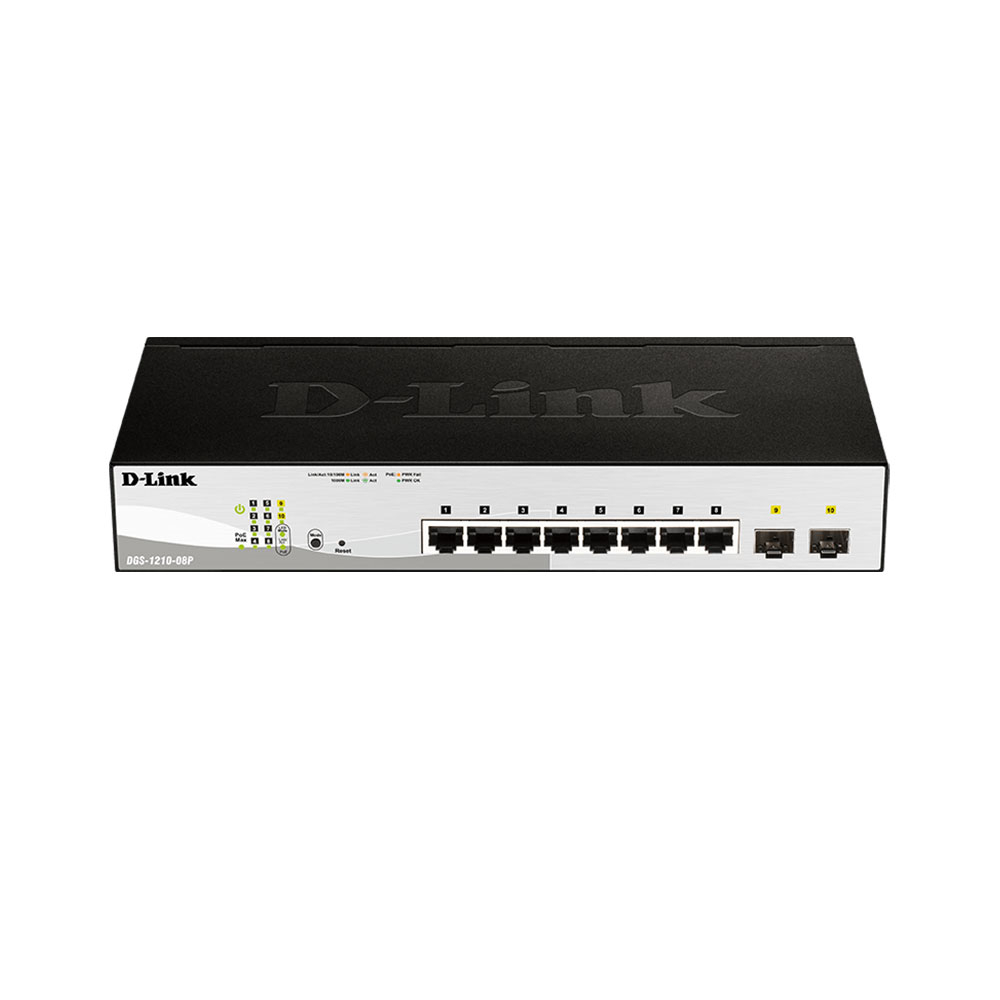 Switch cu 8 porturi D-Link DGS-1210-08P, 2 porturi SFP, 20 Gbps, 14.9 Mpps, 16.000 MAC, PoE, cu management de la D-Link