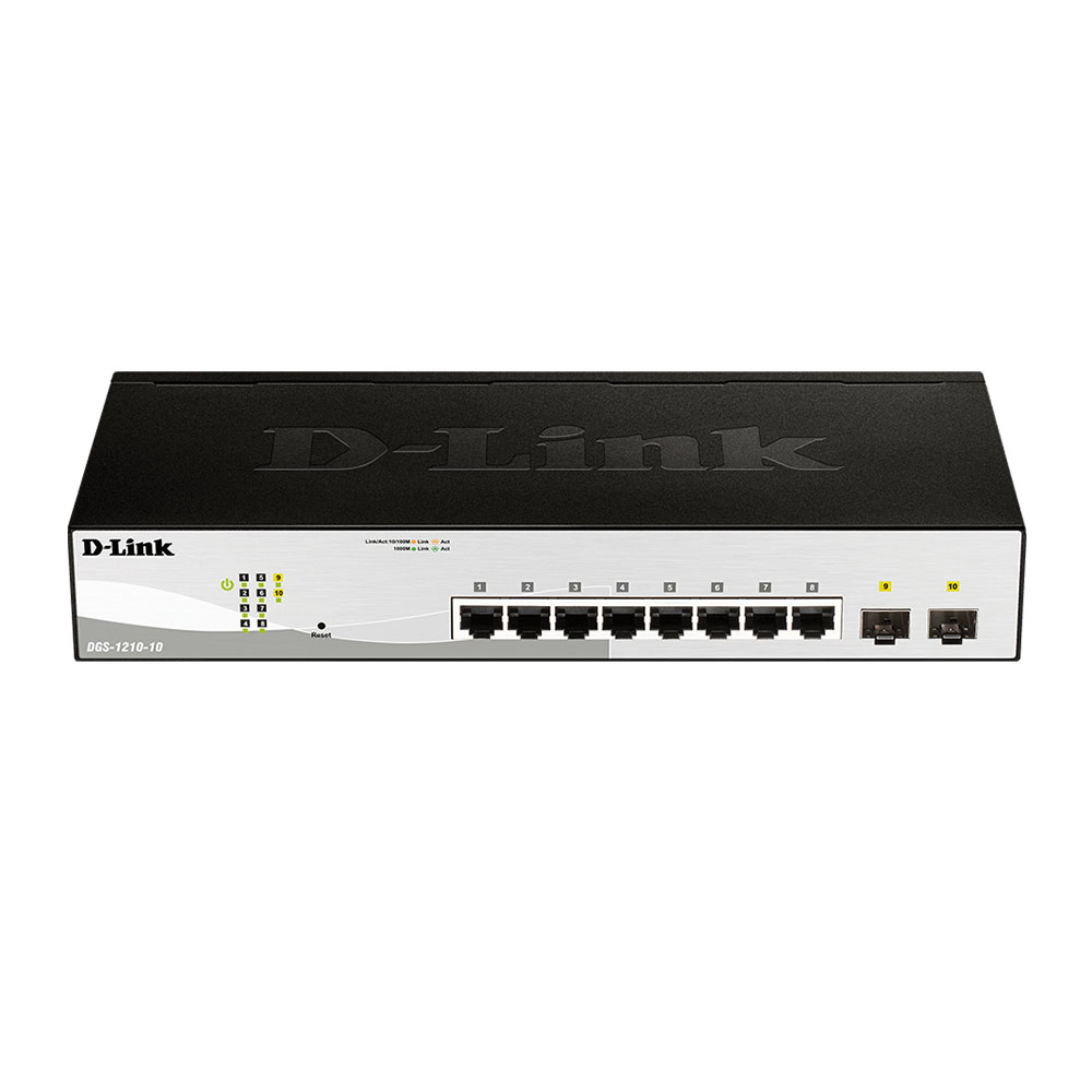Switch cu 8 porturi D-Link DGS-1210-10, 2 porturi SFP, 20 Gbps, 14.88 Mpps, 8.000 MAC, 1U, cu management D-Link imagine noua 2022