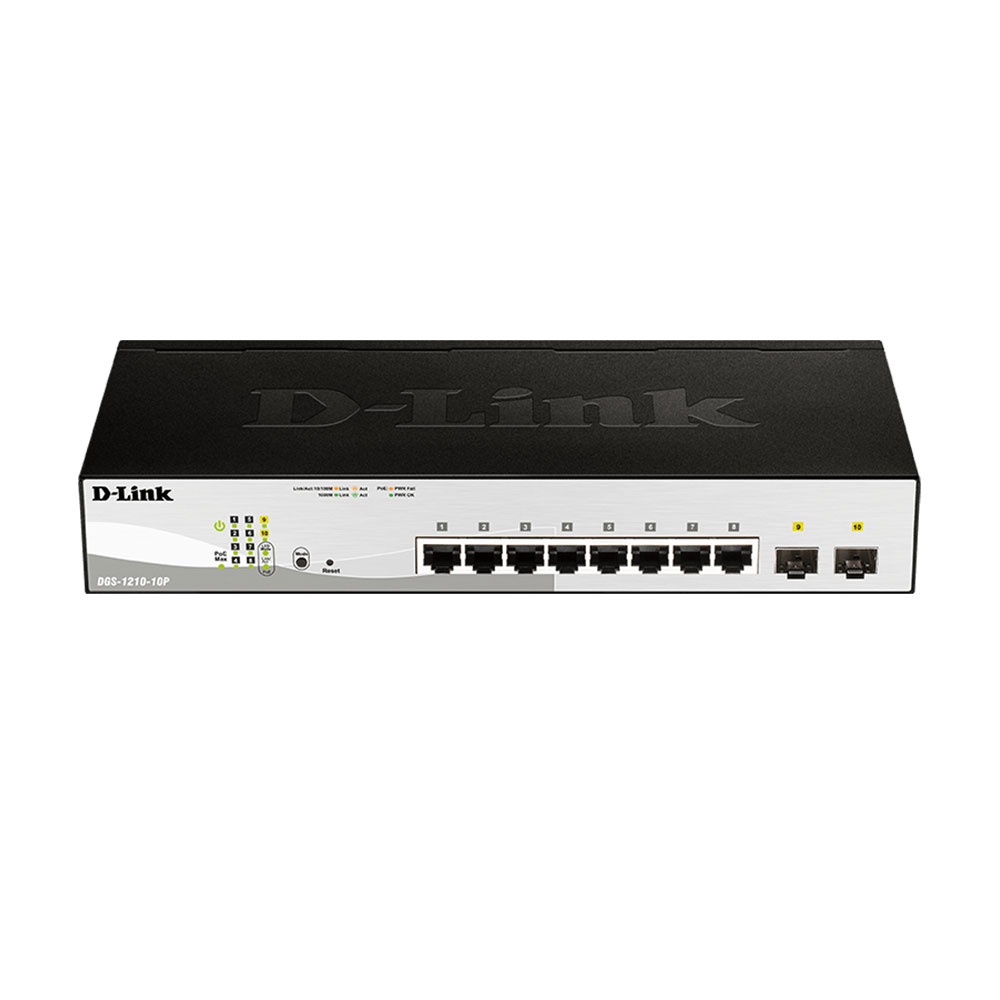 Switch cu 8 porturi D-Link DGS-1210-10P, 2 porturi SFP, 20 Gbps, 14.88 Mpps, 8.000 MAC, 1U, PoE, cu management spy-shop
