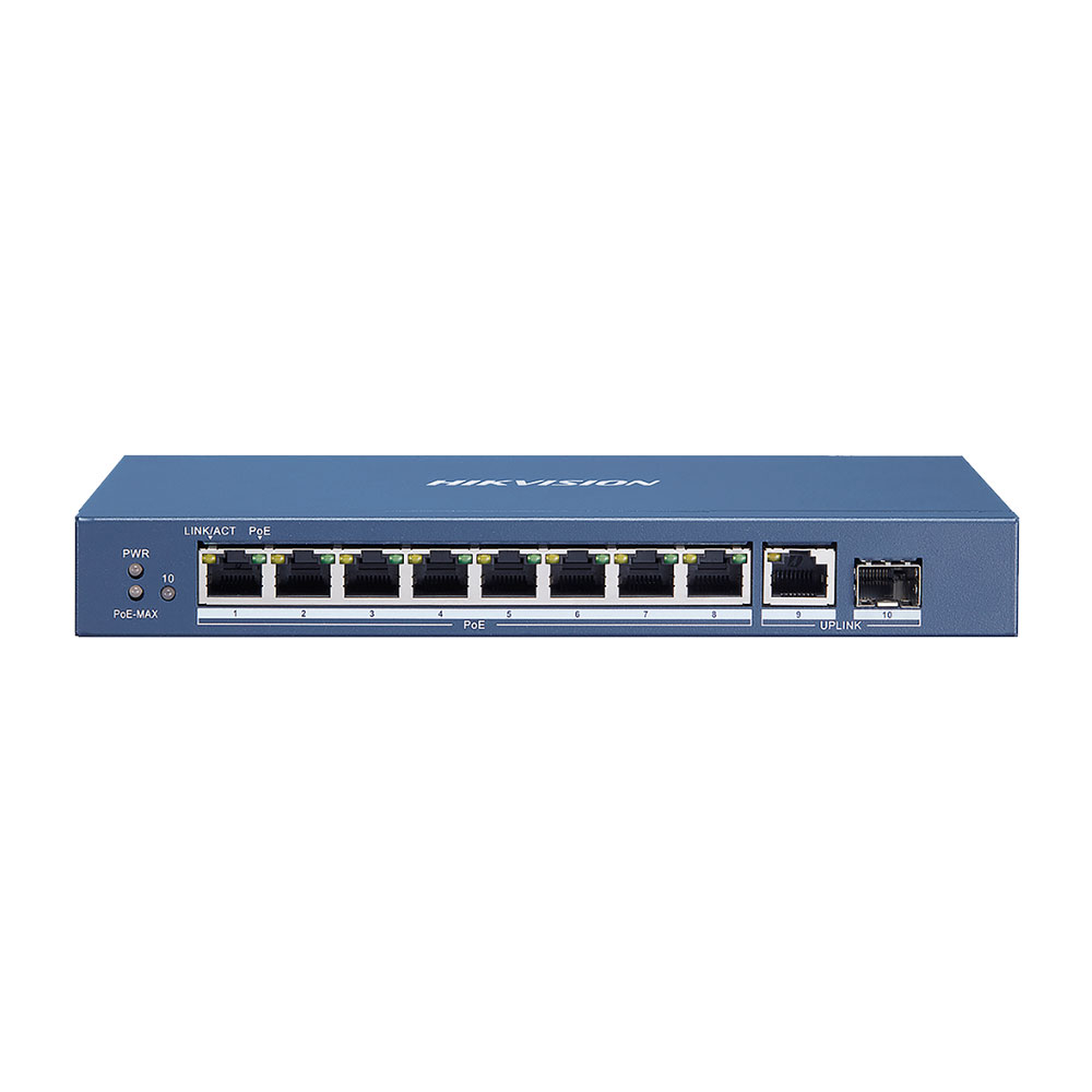 Switch cu 8 porturi Gigabit Hikvision DS-3E0510P-E/M, 1 port SFP, 20 Gbps, 14.88 Mpps, 4.000 MAC, PoE, fara management la reducere 14.88