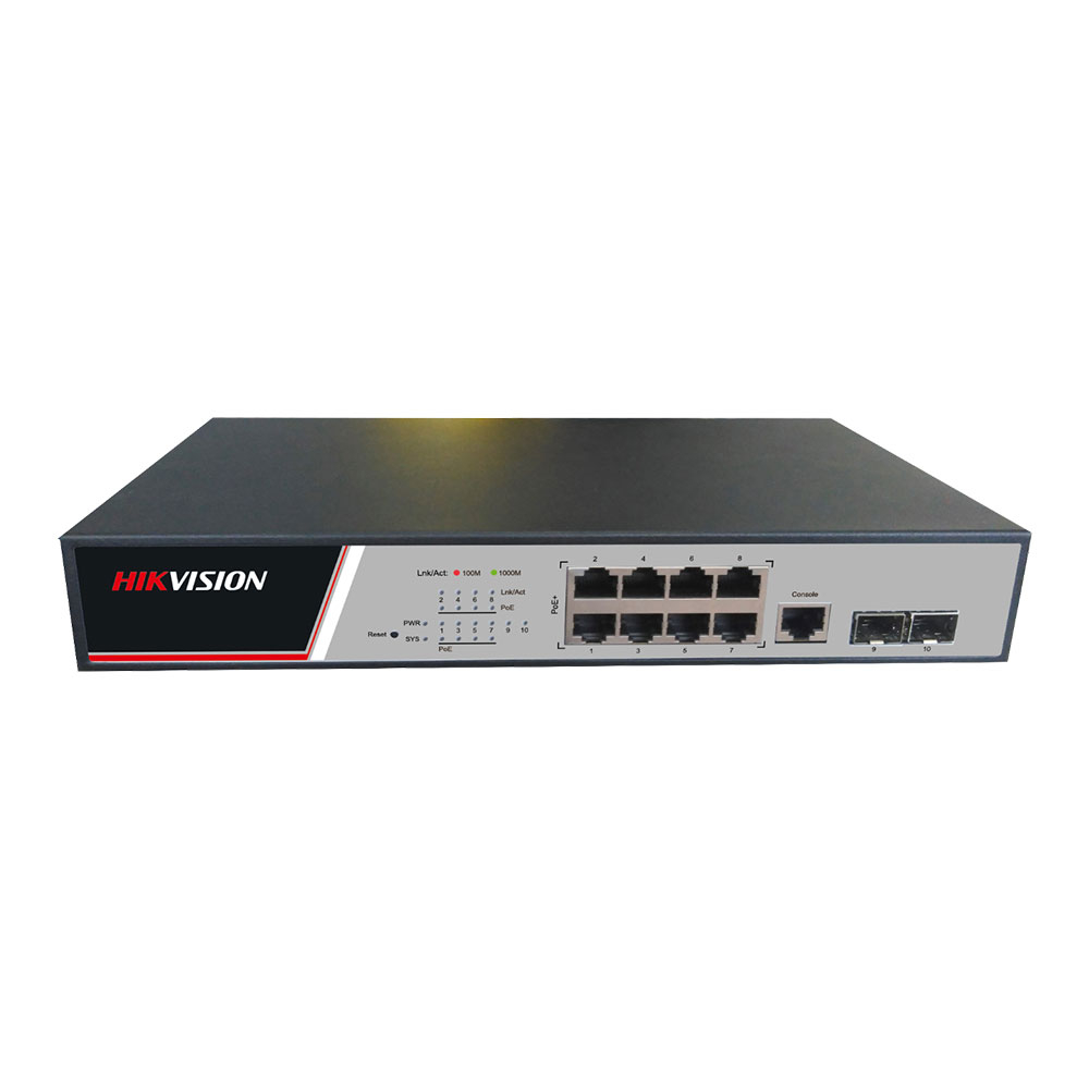 Switch cu 8 porturi Gigabit Hikvision DS-3E2510P, 2 porturi SFP, 1 port console, 20 Gbps, 15 Mpps, 8.000 MAC, PoE, cu management
