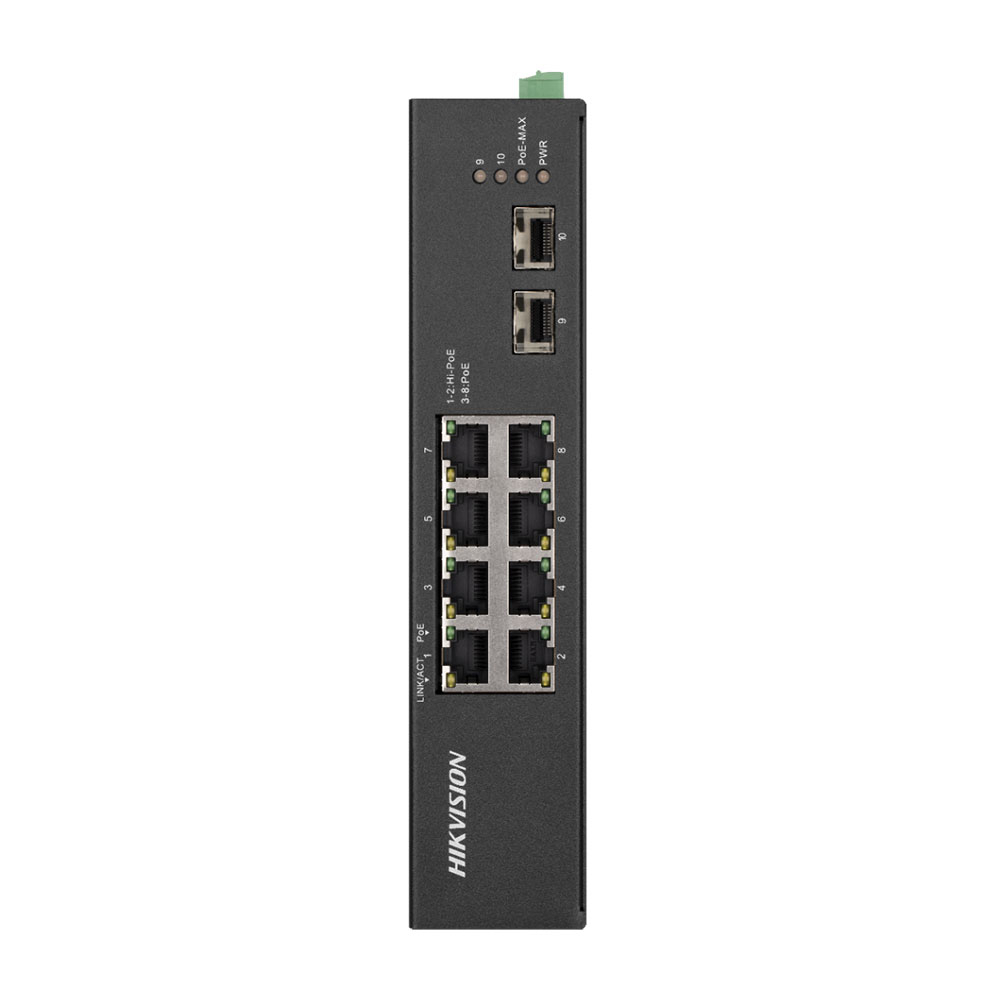 Switch cu 8 porturi Gigabit Hikvision DS-3T0510HP-E/HS, 2 porturi Hi-PoE, 2 porturi SFP, 20 Gbps, 14.88 Mpps, 4.000 MAC, fara management 14.88 imagine noua tecomm.ro