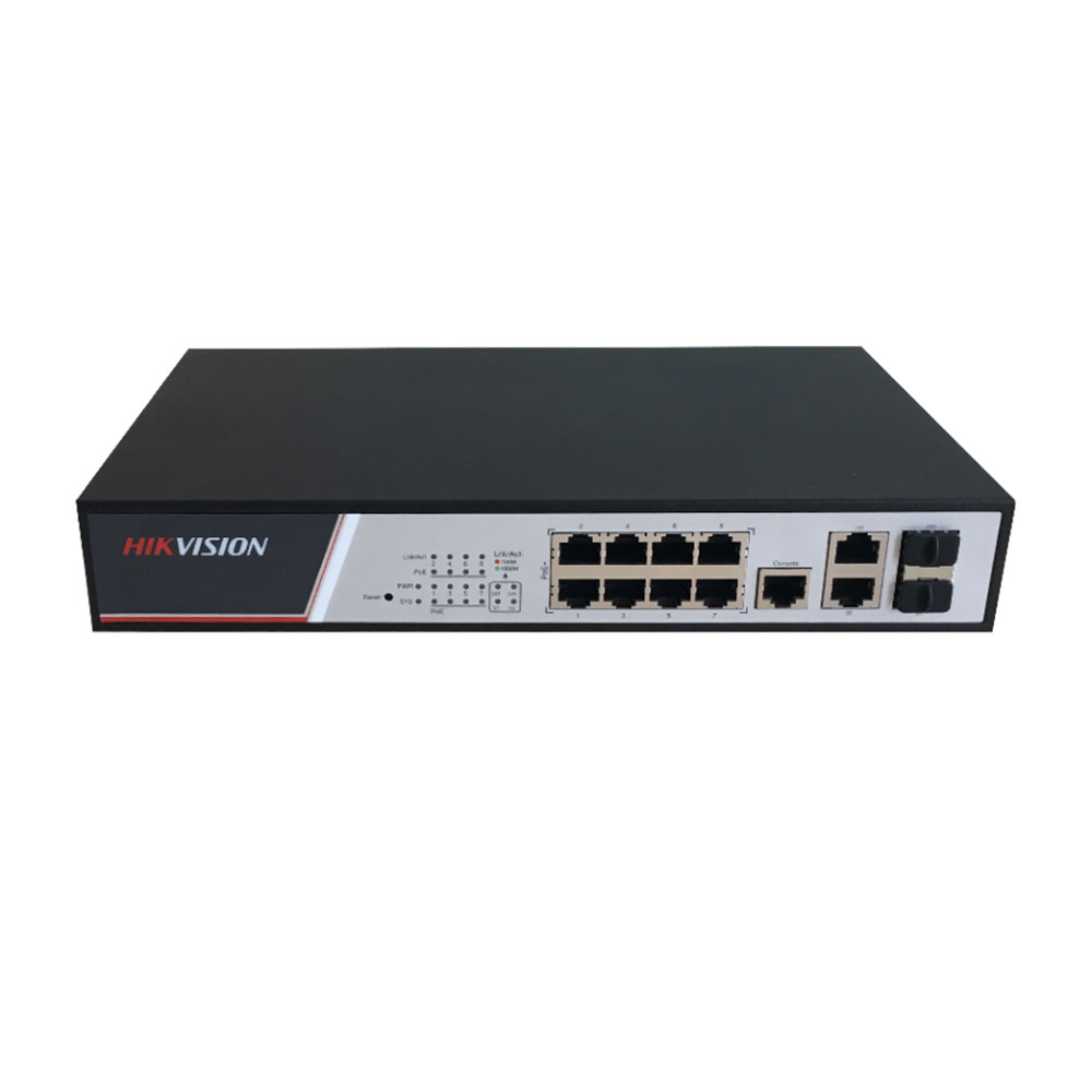 Switch cu 8 porturi Hikvision DS-3E2310P, 2 porturi Gigabit combo uplink, 10 Gbps, 5.6 Mpps, 8.000 MAC, PoE, cu management 5.6