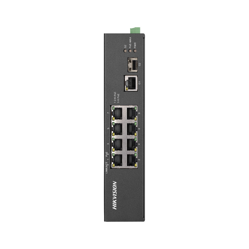 Switch cu 8 porturi Hikvision DS-3T0310HP-E/HS, 2 porturi Hi-PoE, 1 port SFP, 5.6 Gbps, 4.1664 Mpps, 2.000 MAC, fara management 2.000 imagine noua idaho.ro
