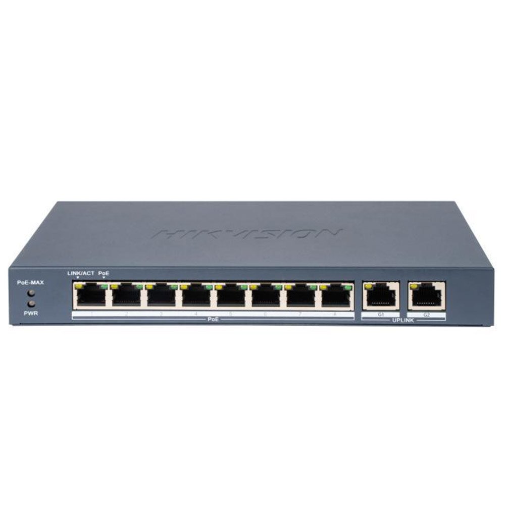 Switch cu 8 porturi PoE Hikvision DS-3E1310P-EI(B), 2 porturi Gigabit 10/100/1000Mbps, buget PoE 110W, 9.6 Gbps, PoE watchdog, cu smart management