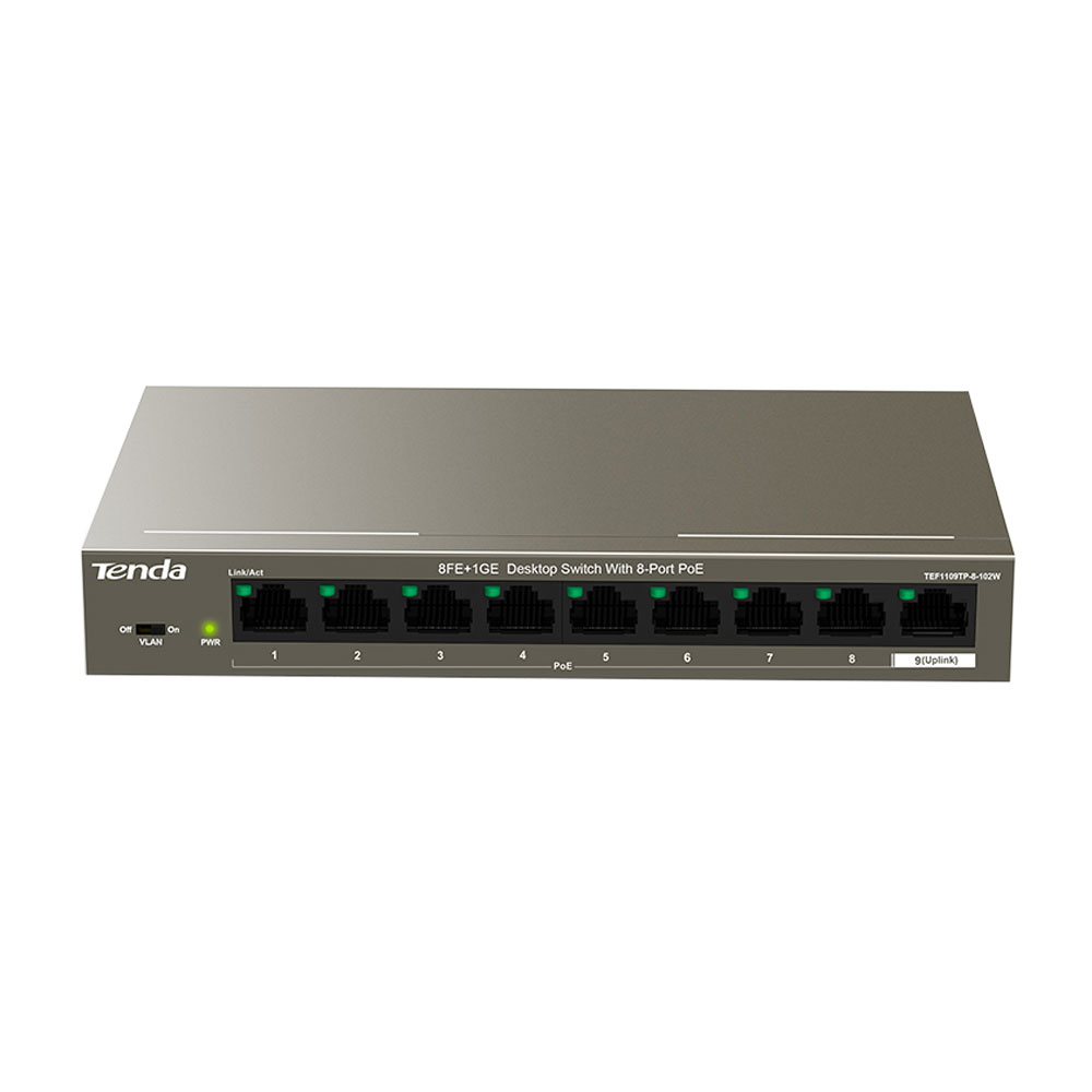 Switch cu 9 porturi Tenda TEF1109TP-8-102W, 2.6 Gbps, 1.34 Mpps, 2000 MAC, PoE, fara management spy-shop.ro