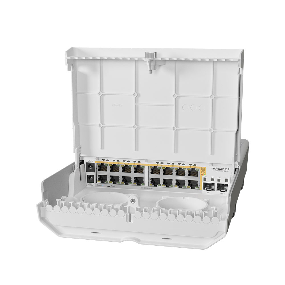 Switch de exterior MikroTik netPower 16P CRS318-16P-2S+OUT, 16 porturi Gigabit, 2 porturi SFP +, 72 Gbps, 53.6 Mpps, PoE la reducere 16P
