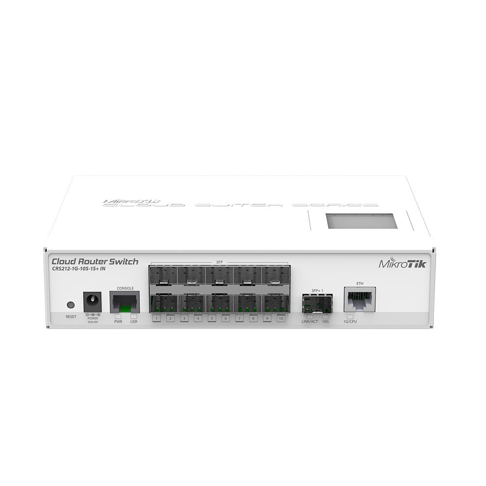 Switch smart MikroTik CRS212-1G-10S-1S+IN, 1 port Gigabit, 10 porturi SFP, 1 port SFP+, 1 port consola RJ45, 10/100/1000 Mbps, 8-30V DC spy-shop