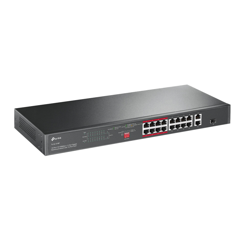 Switch cu 19 porturi TP-Link TL-SL1218P, 16 porturi PoE+, port SFP gigabit, 8K MAC, 20 Gbps Gbps
