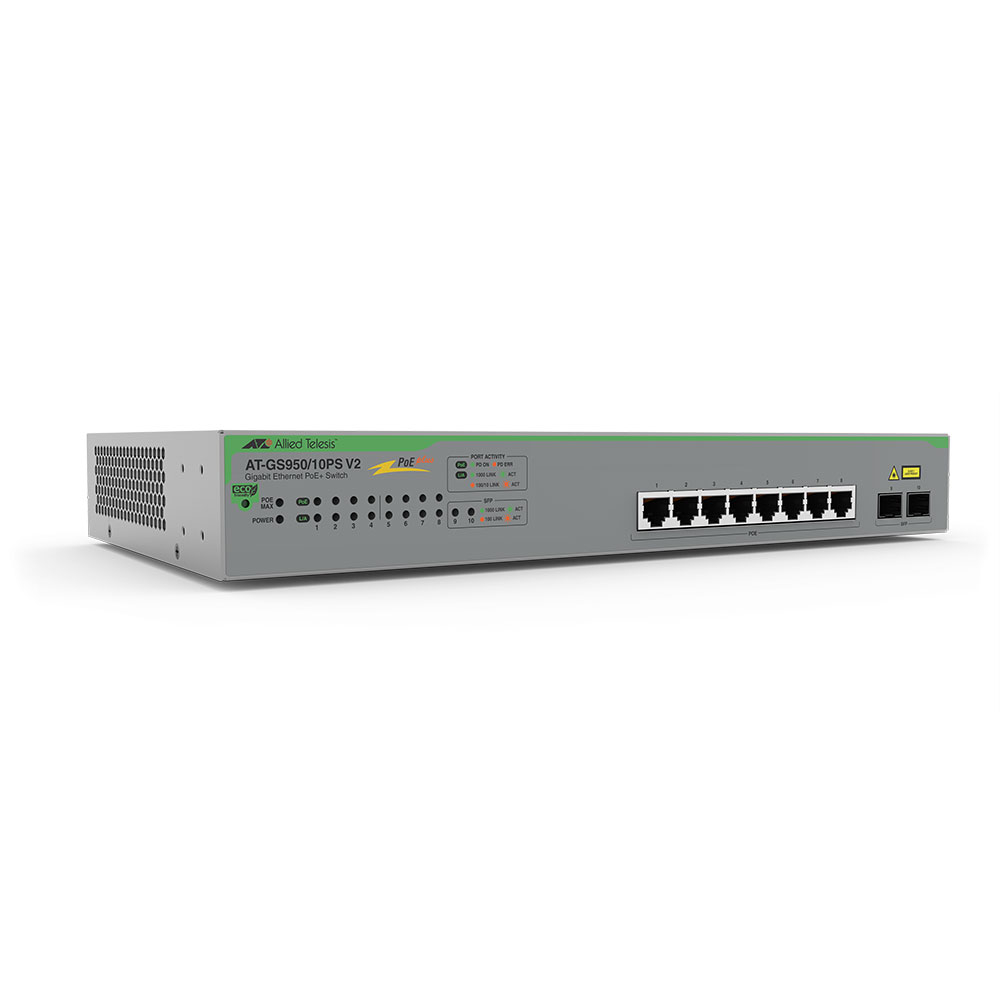 Switch cu 8 porturi PoE AT-GS950/10PSV2-50 Allied Telesis, 20 Gbps, 14.88 Mpps, 8000 MAC, fara management 14.88