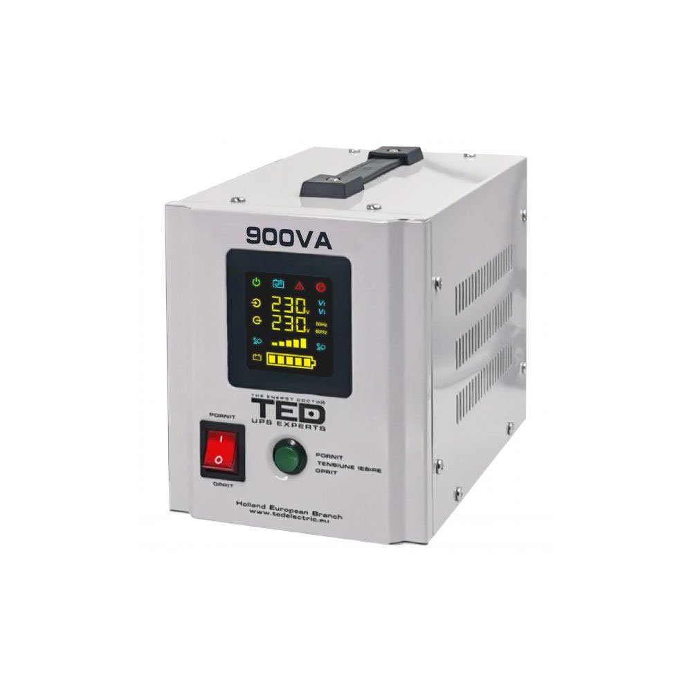 UPS cu 2 prize pentru centrala termica gaz/lemne TED 000361, 900VA / 500W, unda sinusoida pura, ecran LCD